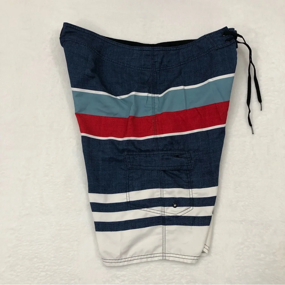 O’Neill Patriotic Navy Blue White Striped Surf Board Shorts Swim Trunks Mens 36